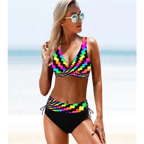 Maillot de bain femme 2 pièces maillot de bain femme double sangle fendue taille haute bikini