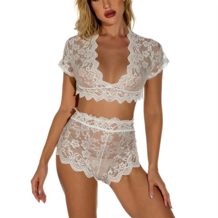 Dentelle Perspective Sexy Lingerie Costume Short Manches Courtes Homewear Haut Et Culotte