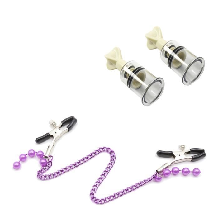 3 pcs pinces à mamelon réglables avec pendentif chaîne et perle pourpre ventouses de SOIN BUSTE - SOIN DECOLLETE