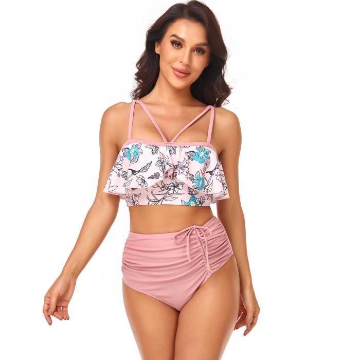 Femme Maillot de Bain Froncé et Torsadé Ensemble Bikini Volants