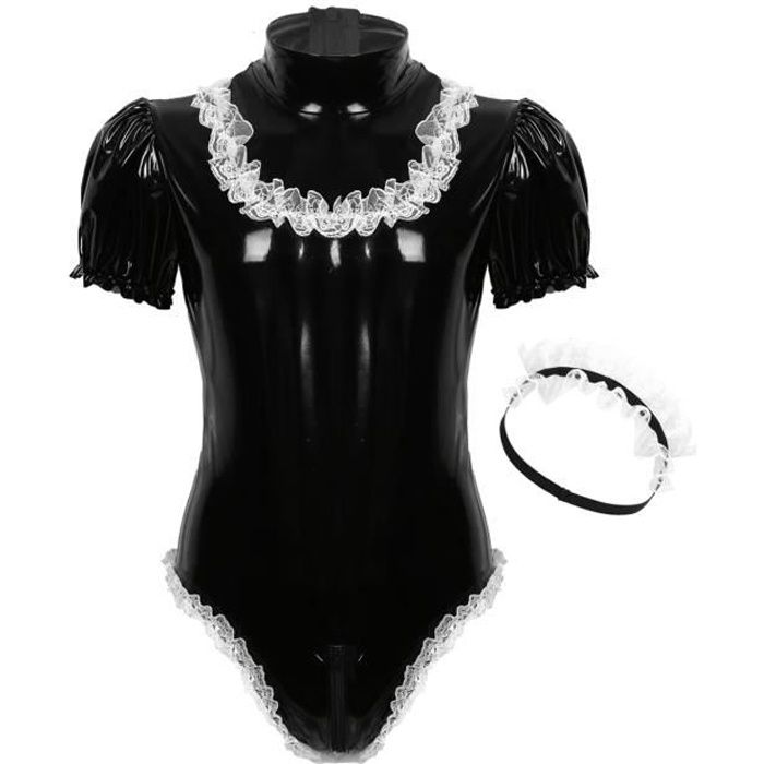 Iiniim Homme Costume Serveur Sissy Lingerie Body Cuir Verni T Shirt