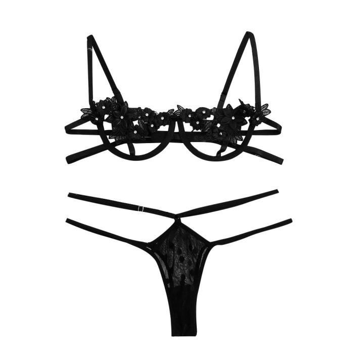 Ensemble Lingerie Sexy Dentelle Tentation Rose Avec Anneau En Acier