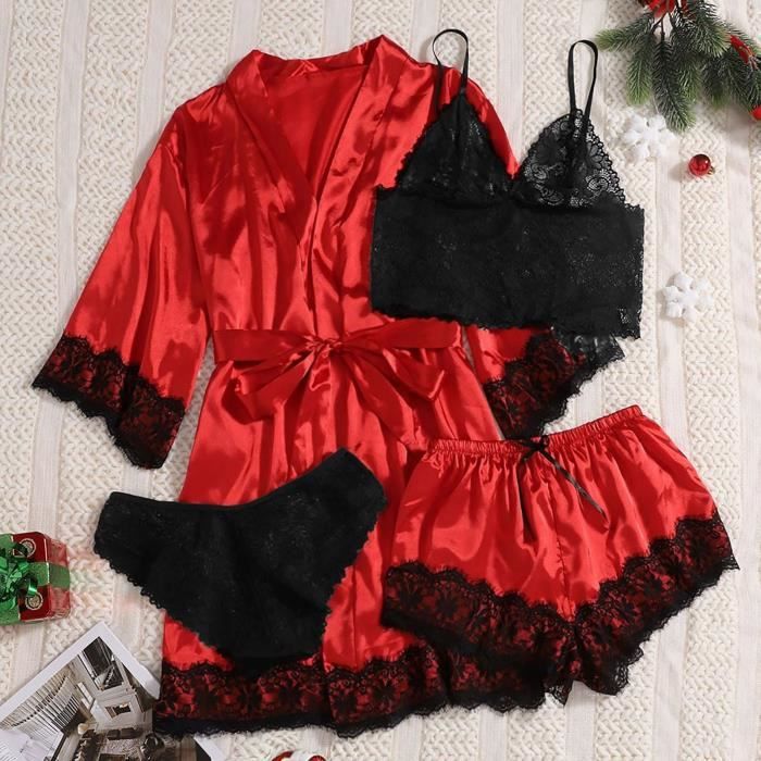Femmes Grande Taille Lingerie Sexy Robe En Soie Satin Peignoir Quatre