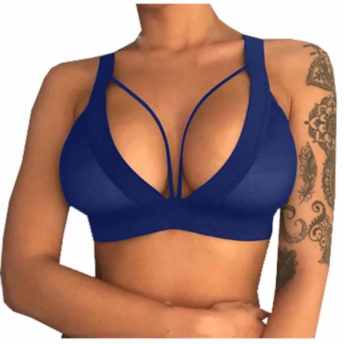 Femmes L Gantes Sexy Soild Couleur Dentelle Gilet Vider Sous V Tements Bikini L Bleu