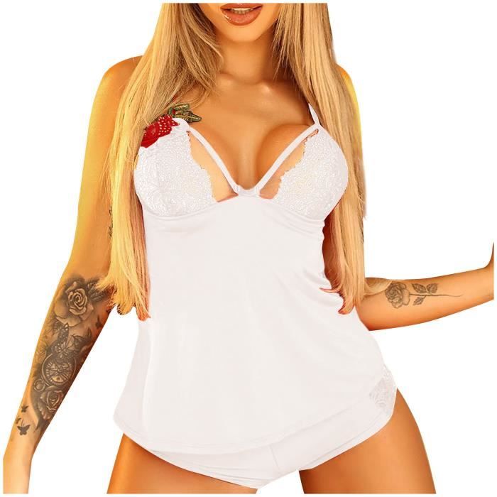 Dames Sexy Lingerie Temptation Deep V Dentelle Broderie Rose Pyjama