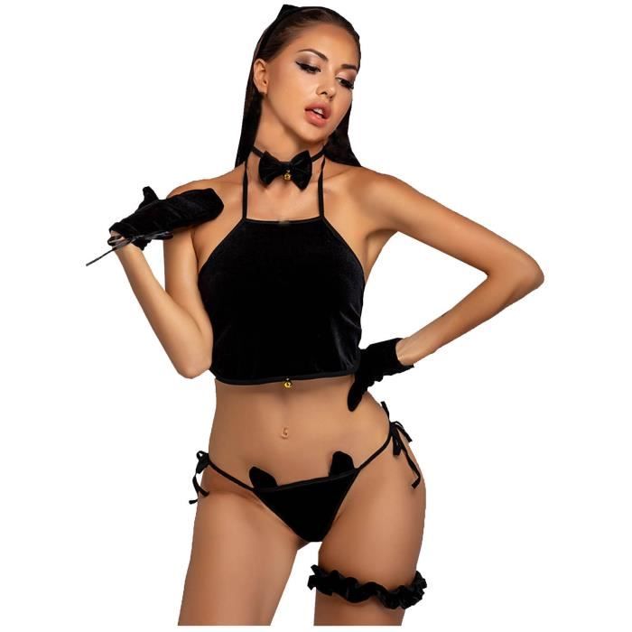 Womens Sexy Lingerie Rabbit Split Pyjama Noir Uniforme Tentation Sous