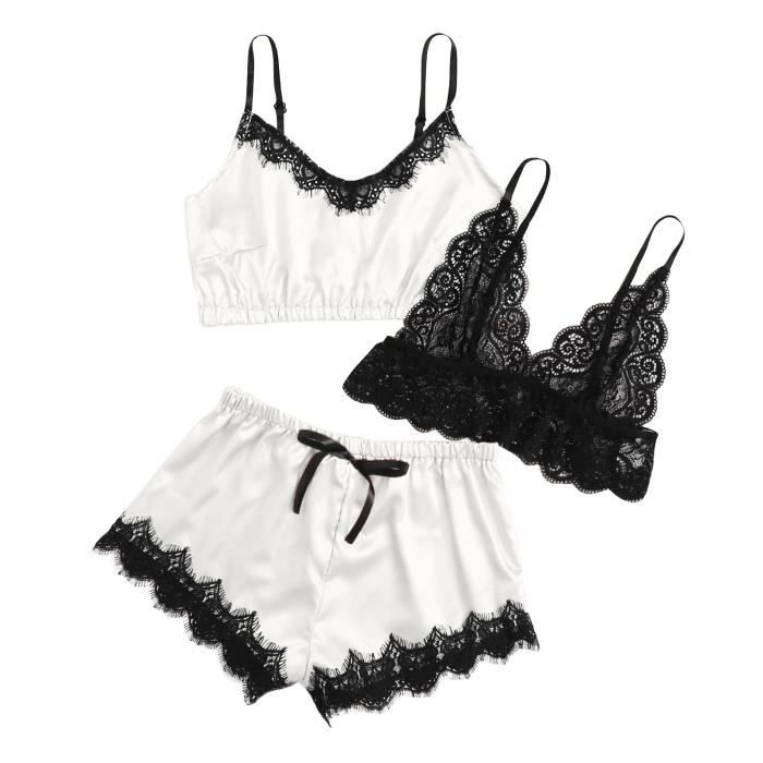 Ensemble Brassiere Et Shorty Nouvelle Lingerie Sexy En Dentelle En Soie De Nuit En Satin Blanc