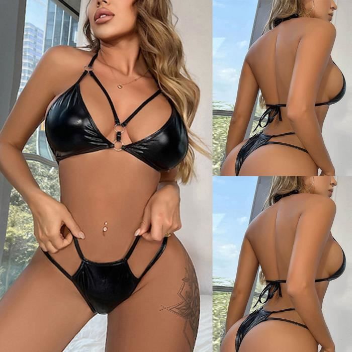Mesdames Sexy Simili Cuir Cuir Verni Anneau Lingerie Sexy String Xl