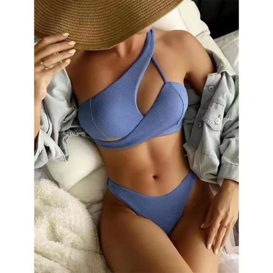 Maillot de Bain Femme 2 Pieces Bikini Push Up Ensemble Une épaule évider Maillots de Bain Deux