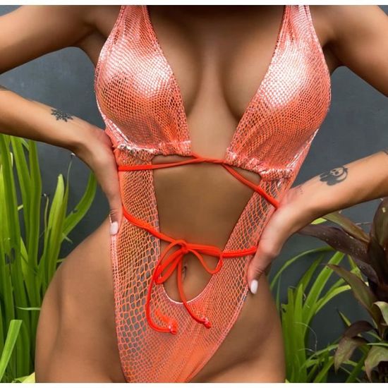 Femme Maillots De Bain Une Pi Ce Lacets Bikini Plage Taille Haute Bikinis Sexy Orange Orange