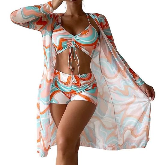 Femme Maillot de Bain 3 Pièces Imprimé avec Bikini Shorty Veste Taille