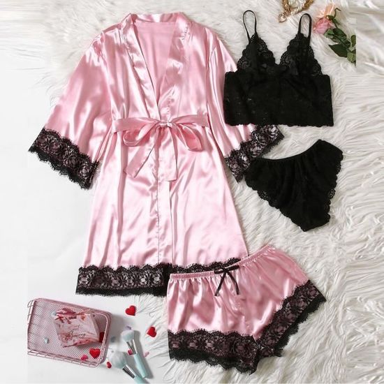 Femmes Grande Taille Lingerie Sexy Robe En Soie Satin Peignoir Quatre