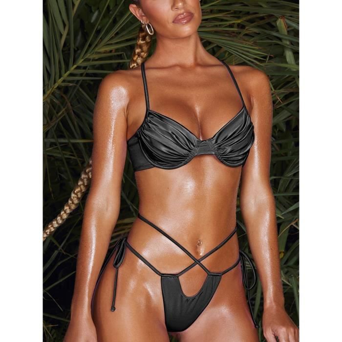 Bikini swimsuit maillot de bain brésilien plissé matériel brillant