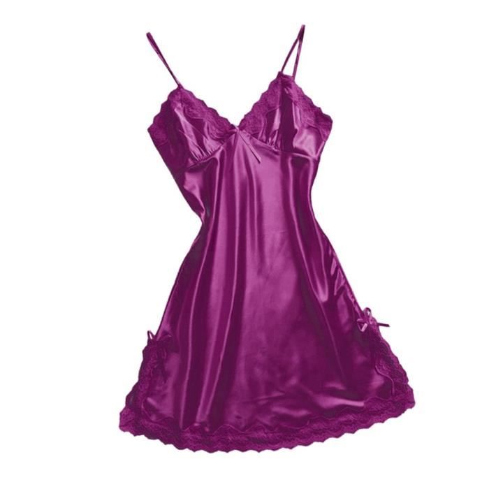 Nuisette Longue Femmes Satin Sexy Bowknot Dentelle Lingerie Babydoll V