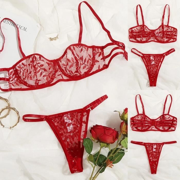 Soutien Gorge Sexy G String Fleurs Broderie Bralette Dentelle Bustier Lingerie String M Rouge Y