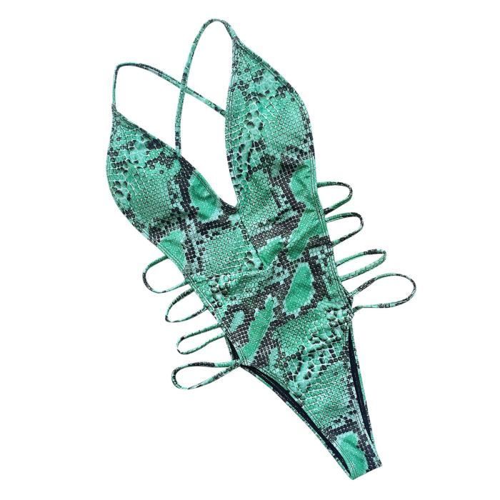 Maillot De Bain Femmes One Piece Snake Print Bikini Push Up Pad Maillots Vider Beachwear Vert