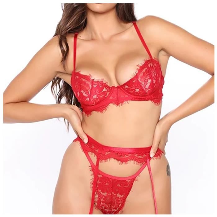 Femmes mode Sexy dentelle Lingerie trois pièces costume intimes