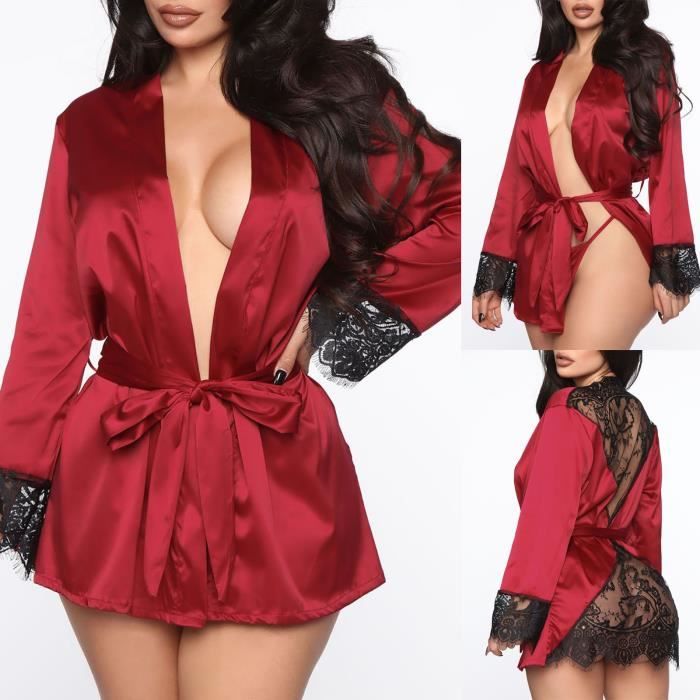 Grande Taille Sexy Lingerie Femmes Soie Rayure Robe Satin Peignoir
