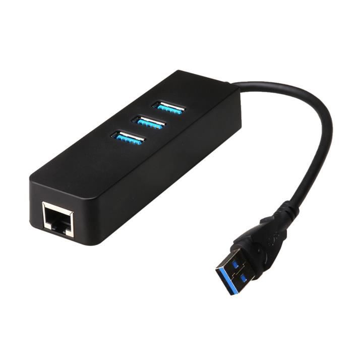 USB 3.0 à 1000Mbps Gigabit Adaptateur Ethernet RJ45 3 Ports USB3.0 Hub Réseau Câblé - Noir