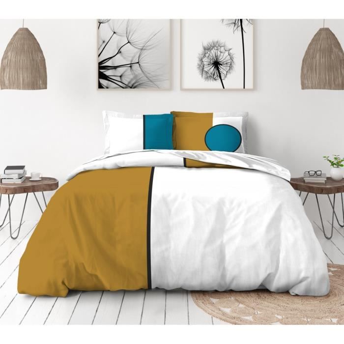 Bleu,Jaune 240 x 260 cm Le linge de Jules Housse de Couette Coton