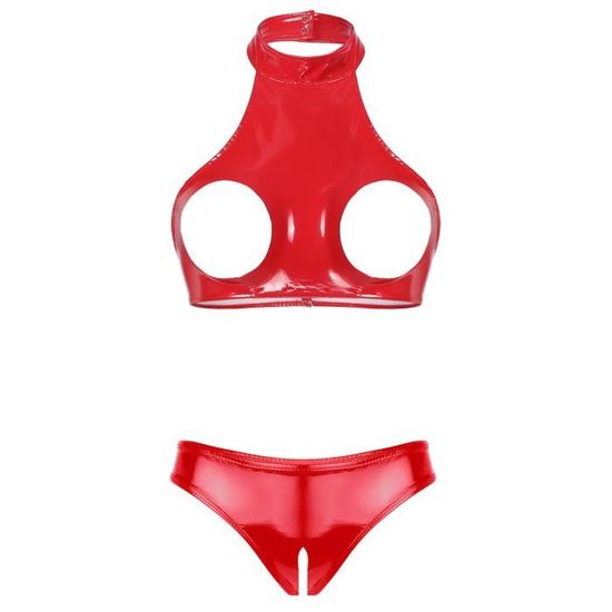 Yonghs Ensemble Lingerie Sexy Femme Hot Cuir Verni String Ouvert