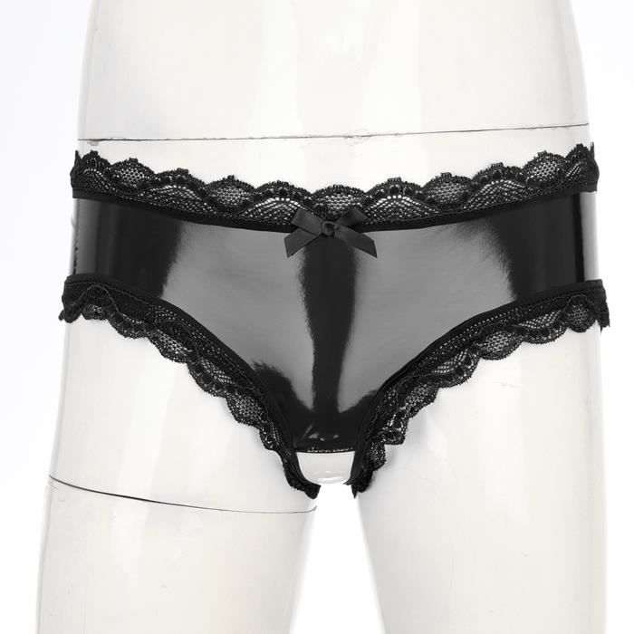 Iixpin Homme String Sexy Ouvert Cuir Verni Dentelle Sissy Lingerie
