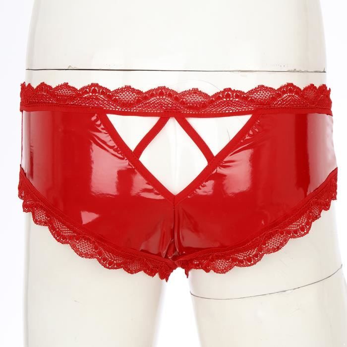 Iixpin Homme String Sexy Ouvert Cuir Verni Dentelle Sissy Lingerie