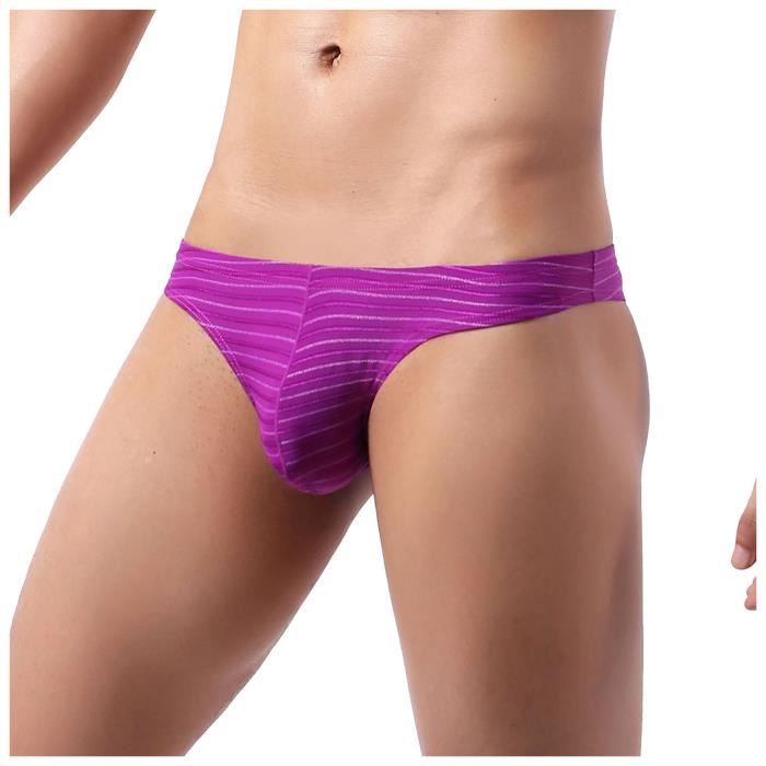 String Tanga Pour Homme de bikini demi hanche taille basse rayée de couleur Pourpre Pourpre