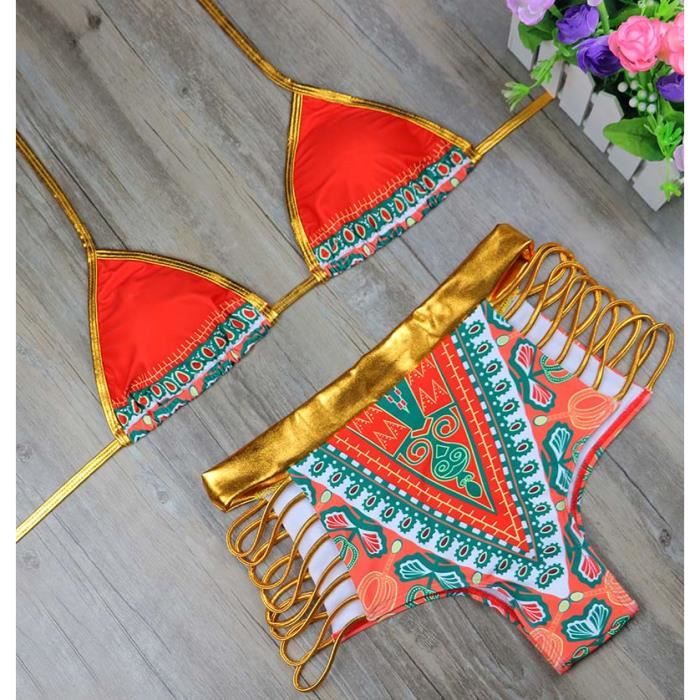 Ensemble Bikini Imprim Africain Couleur Or G Om Trique Type No Blanc Cdiscount Pr T