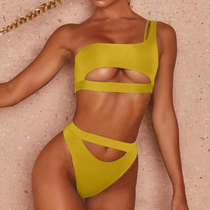Bikini Maillot De Bain Femme Solid Set Deux Pi Ces Rempli Soild Maillots Beachwear Jaune