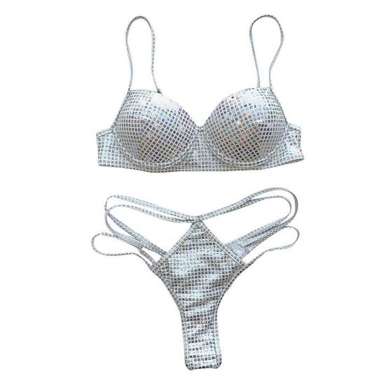 Bikini Maillot De Bain Femme Pi Ce De Remorquage Paillettes Glow Cross Vider Ensemble Maillots