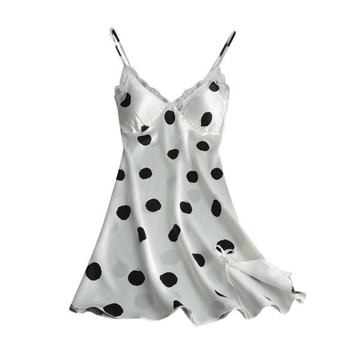Femmes Polka Dot Impression Satin Sling Jupe Robe Sexy Lingerie Home