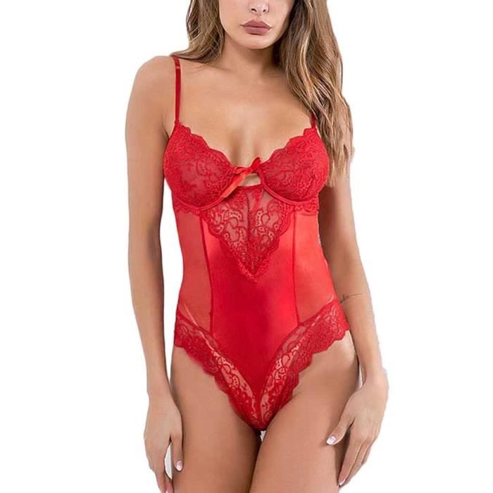 Mode Femmes Sexy Dentelle Lingerie Body Dos Nu Combinaison Rouge Sous