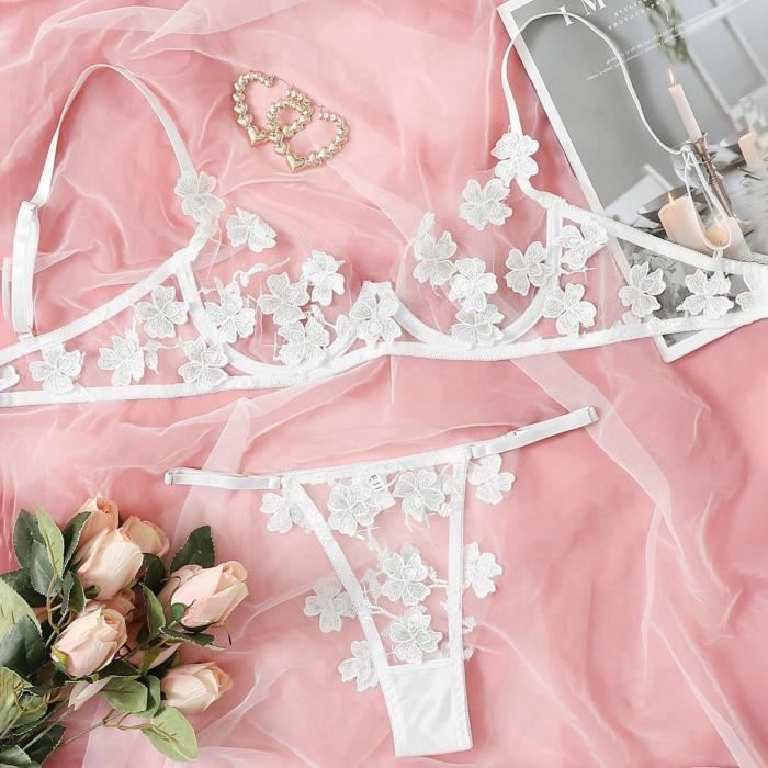 Sexy G String Fleurs Broderie Bralette Dentelle Soutien Gorge Bustier Lingerie String Blanc