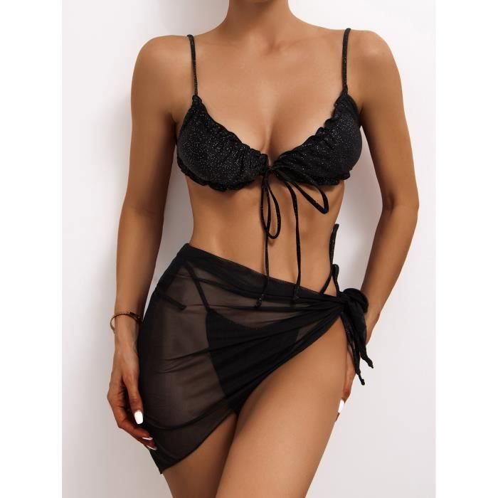 Femmes Pi Ces Bikini Costume Uni Pliss Volants Licou Cravate
