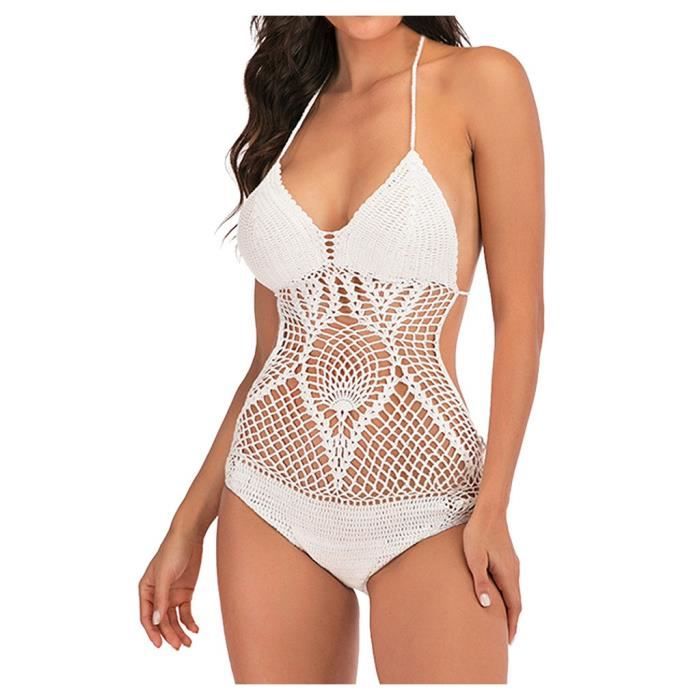 Bikini Femmes Sexy One Piece Couleur Unie Tricoté Dos Nu Ensemble