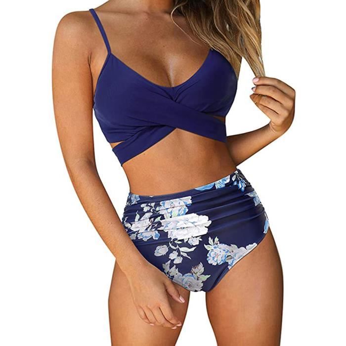 Bikini Sexy femmes bikini imprimé bandage maillot de bain deux pièces ensemble maillots Bleu
