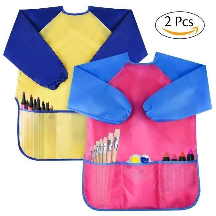 2Pcs Tabliers Peinture Blouse Tablier Manches Longues Enfant 2-8 ans (Jaune & Rose)