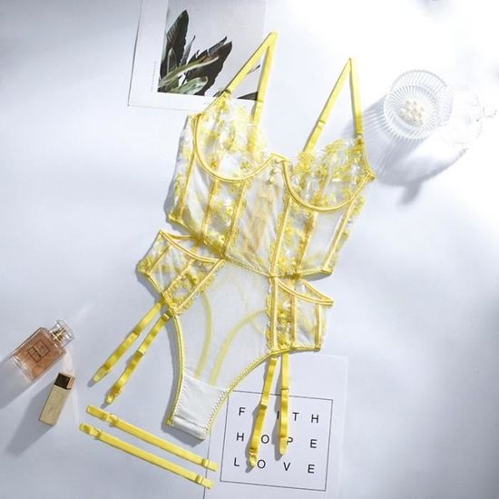 Jaune Taille L Body En Dentelle Brod E De Fleurs Pour Femmes Lingerie