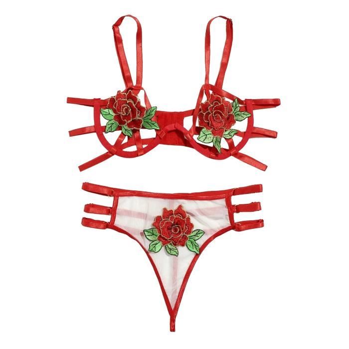 Ensemble Rose Fleurs Broderie Bralette Cupless Dentelle Lingerie Rouge Rouge Cdiscount Pr T