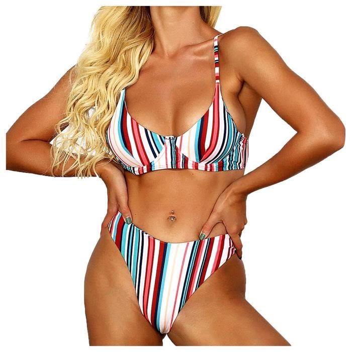 Maillot De Bain Nouveau Bikini Imprimé Dos Nu Sexy À Rayures Taille