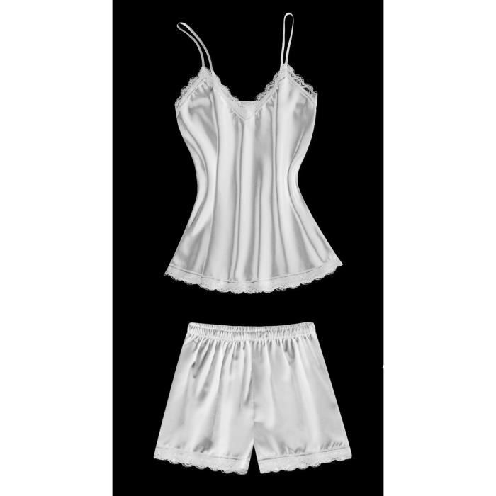 Caraco De Nuit Et Short Satin Blanc L Pyjama Nuisette Lingerie De Nuit