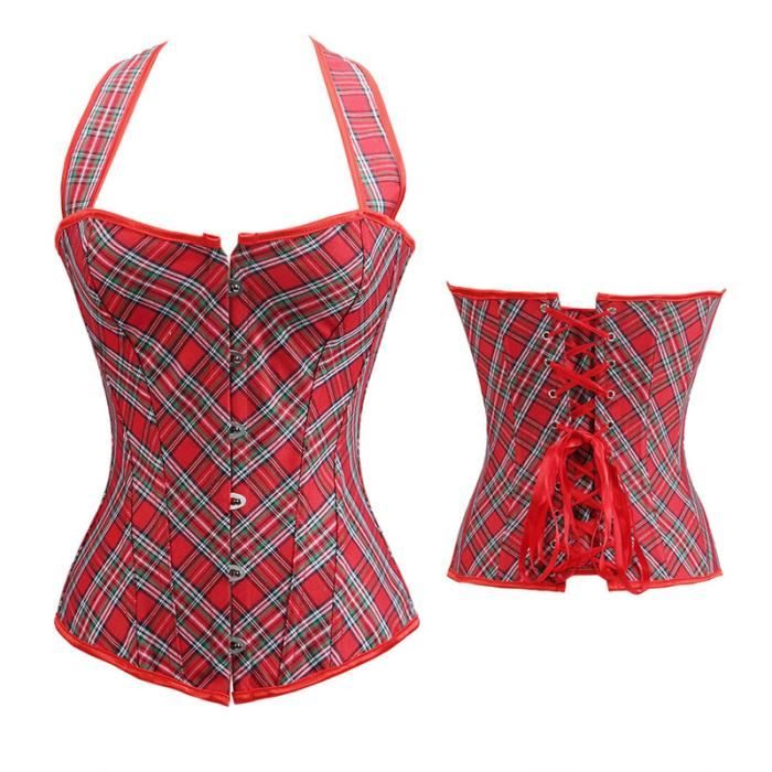 Corset Sexy Carreaux Lingerie Rouge Victorien Col Licou Pour