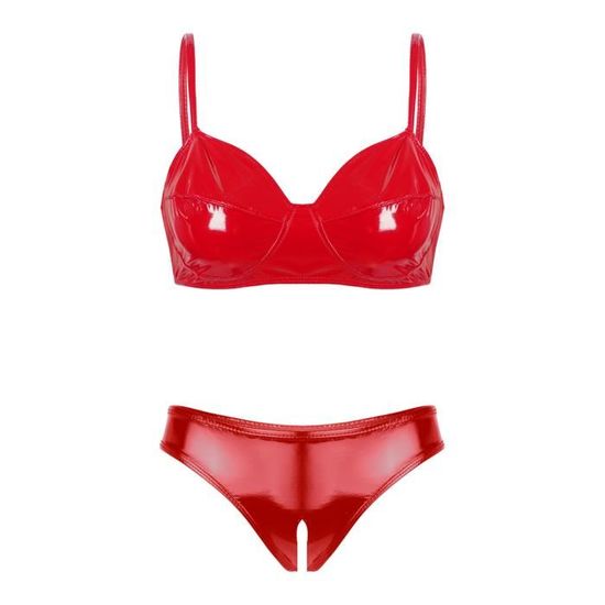 DPois Ensemble Lingerie Cuir Latex Sexy Ouverte Femme Soutien Gorge Et