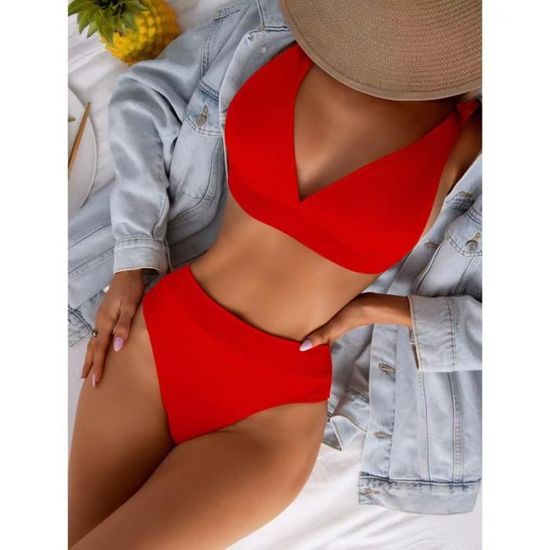 Maillot De Bain Sexy Taille Haute Bikini Col En V Pure Color Push Up Beach Gaomin Rouge Rouge