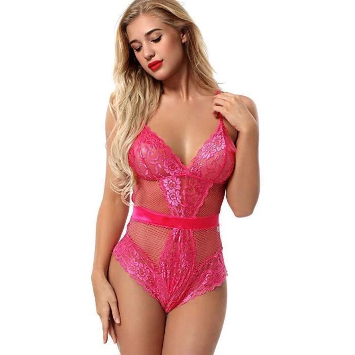 Body Femme Sexy Dentelle Florale Col V Profond Babydoll Lingerie Dos