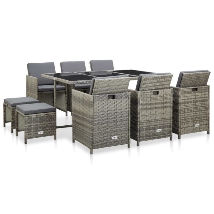 Mobilier à dîner de jardin 11pcs et coussin Résine tressée Gris Poids:95