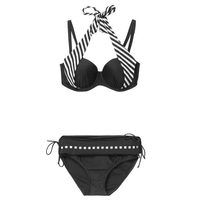 LENTIGGINI Bikini 2 Pièces Jacquard Rayé Noir Blanc Femme Cdiscount