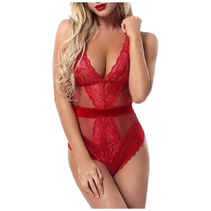 Lukcolor Femmes Dentelle Lingerie Body V Neck Lace Babydoll Short