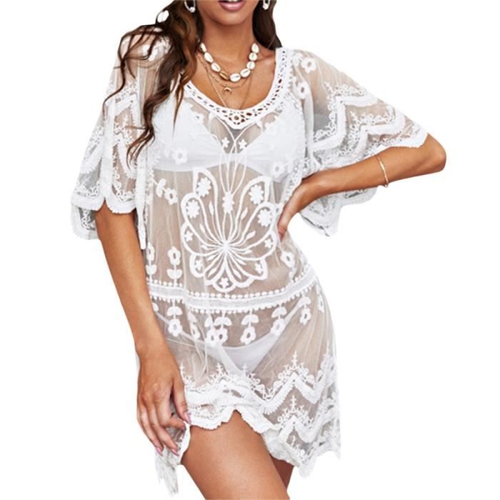 Robe De Plage Robe De Plage En Mousseline De Soie Et Dentelle Cover Up Pour Bikini Tunique